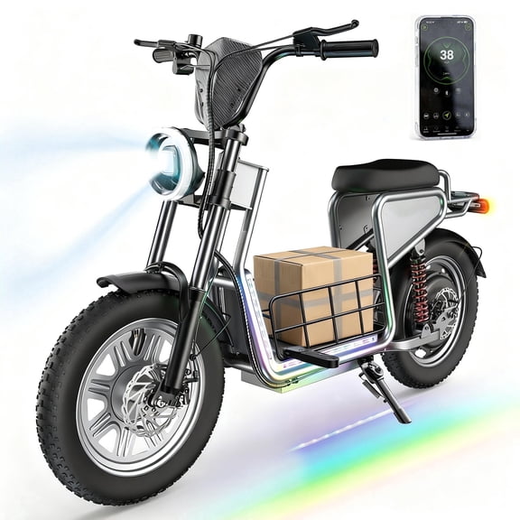 1200W Motor Electric Scooter with Seat,43+ Miles Range & 38MPH High Speed,16"Fat Tire E Scooter for Adult with Mood Lights,48V 18.2Ah Battery,Smart APP & NFC Start