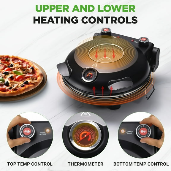 1200W Portable Electric Pizza Oven - 12" Countertop Pizza Maker, Heats to 800°F for Stone-Baked Crust - Indoor Pizza Machine with Top & Bottom Heating