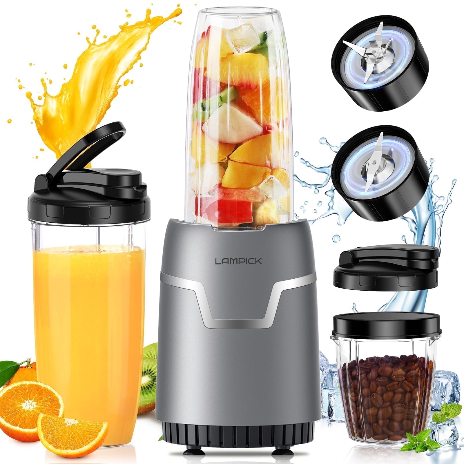 Personal Smoothie Blender, Blenders and Grinder Combo for Kitchen with 2 * 22 Oz To-Go Cup and Lid for Protein Shake, Baby Food, Frozen Drink