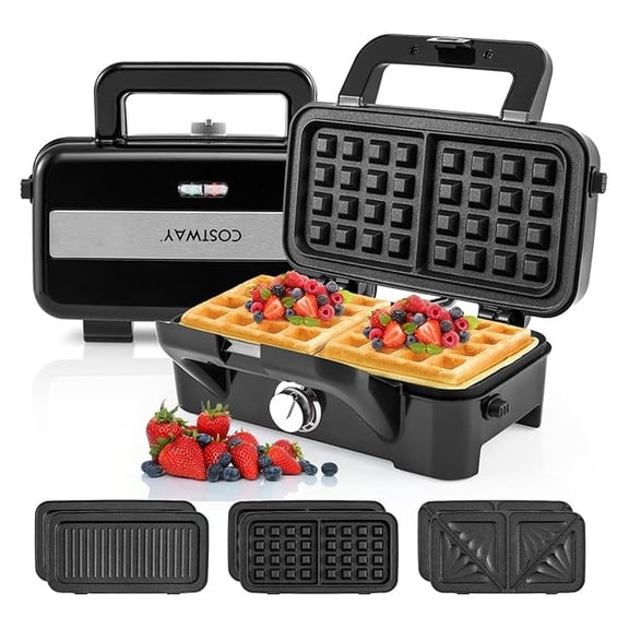 1200W Waffle Maker with Removable Non-Stick Plates, Panini Grill Press with 5-Gear Temperature Control, 3-in-1 Sandwich Maker for Breakfast
