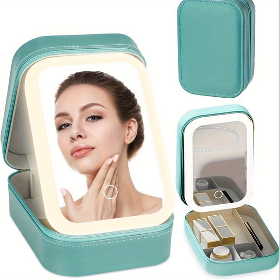 1200mAh Lighted Travel Makeup Mirror with Cosmetic Bag Organizer | Portable LED Vanity Mirror for Girls, Easter & Wedding Season Gift, Rechargeable Makeup Train Case with Light-Up Mirror