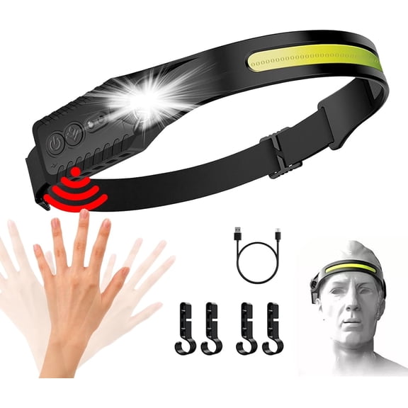 1200mAh Rechargeable Battery Headlamp Flashlight, Night Fishing Headlight for Buddy Adult Forehead Camping Outdoor Running, 350Lumen Led Headlamp 230 Wide Beam Adjustable Headband, Wave Motion Sensor