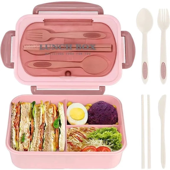 1200ml Bento Lunch Box with Handle, 3-Compartment Leak-Resistant Plastic Food Container with Spoon, Fork, Knife and Chopsticks