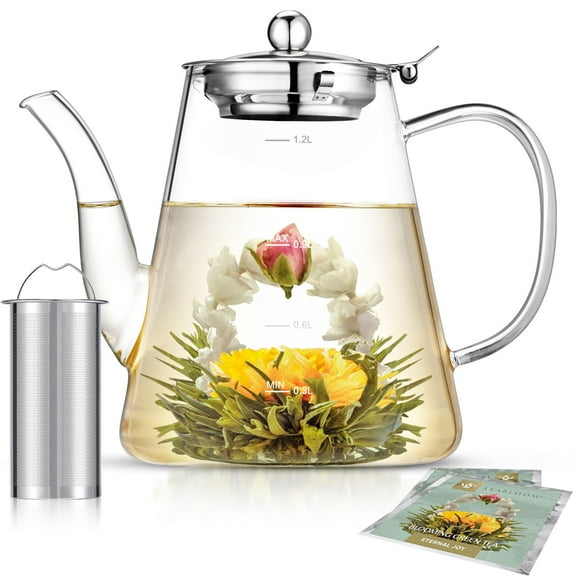 1200ml Glass Teapot, with Removable Stainless Steel Infuser, 40oz Stovetop Safe Teapot Gift Set,  Perfect for Blooming and Loose Leaf Glass Pitcher Tea