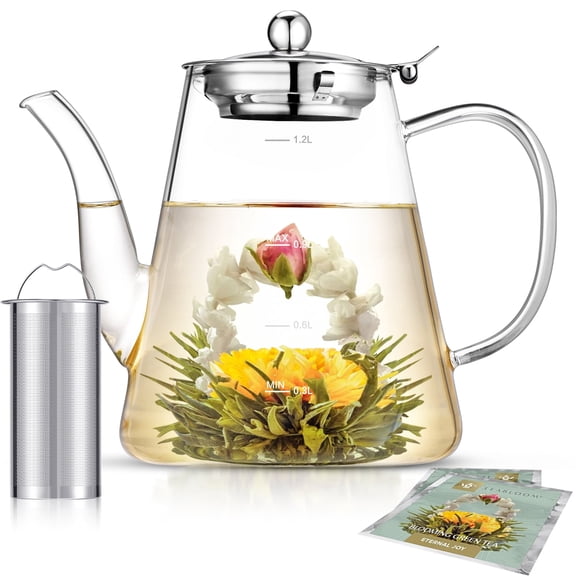 40 oz / 1200 ml Glass Teapot for Blooming and Loose Tea, Teapot with Infusers & Stainless Steel Strainer, Tea Pot for Stove