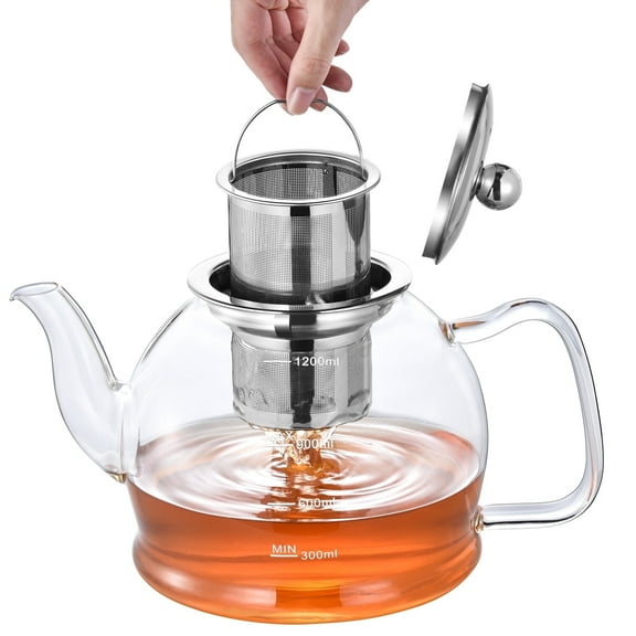 1200ml Glass Teapot, 40oz Stovetop Safe  Tea Kettle, with Removable Stainless Steel Infuser, for Loose Leaf and Fruit Tea