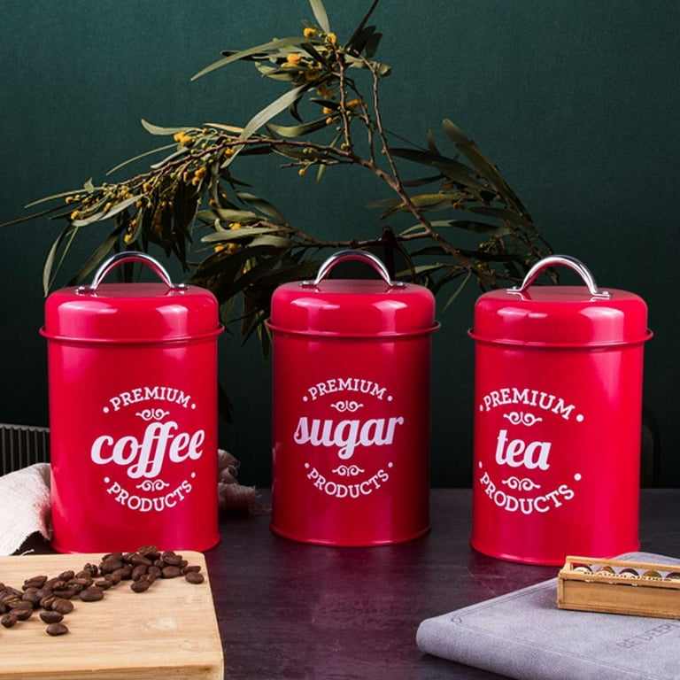 Set Of 3 Airtight Kitchen Canisters For Sugar, Coffee, Tea - 1200ml Each, Turquoise/Pink, Metal With Labels