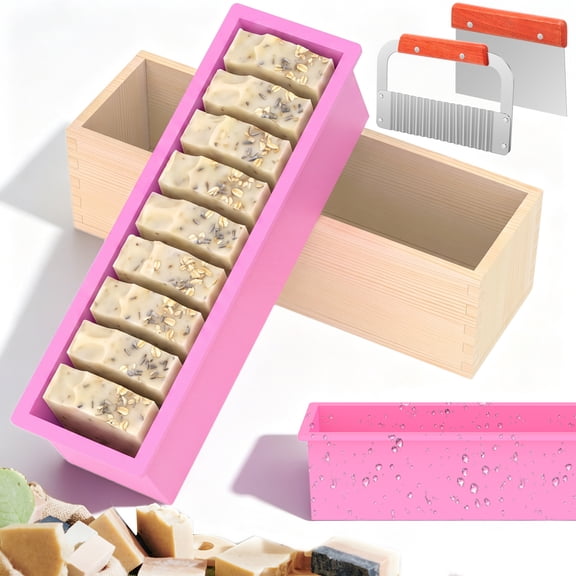 1200ml Silicone Soap Mold with Wooden Box Stainless Steel Straight and Wavy Cutter Complete Soap Making Supplies Kit for DIY Cold Process Making