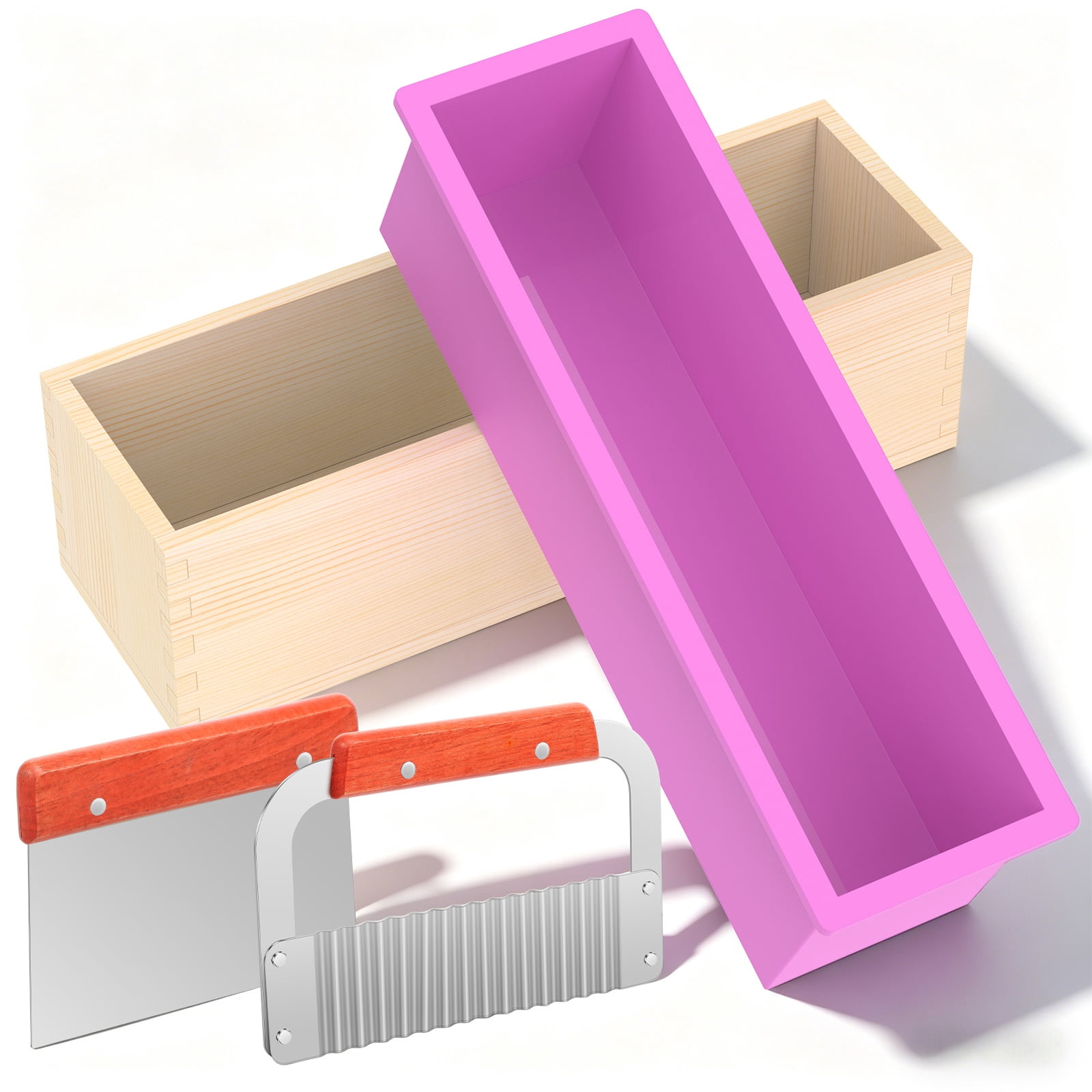 1200ml Silicone Soap Mold with Wooden Box Stainless Steel Straight and Wavy Cutter Complete Soap Making Supplies Kit for DIY Cold Process Making