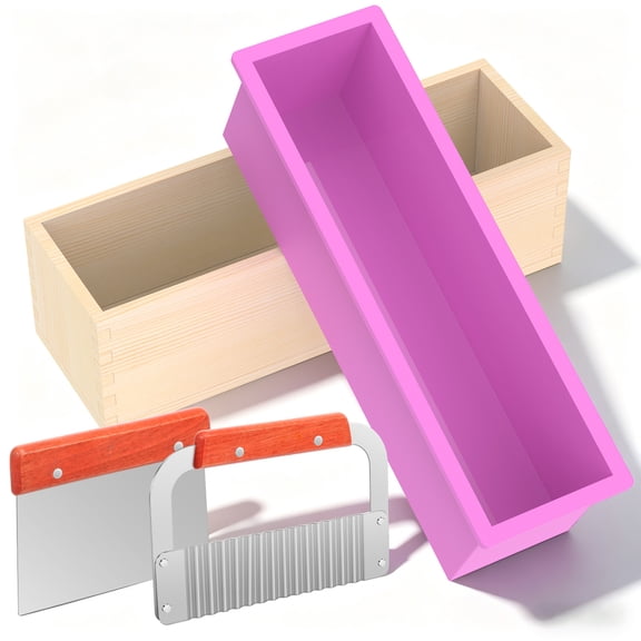 1200ml Silicone Soap Mold with Wooden Box Stainless Steel Straight and Wavy Cutter Complete Soap Making Supplies Kit for DIY Cold Process Making