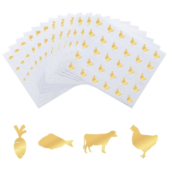 1200pcs 4 Styles Gold Meal Stickers 1 Inch Food Choice Sticker Cow/Chicken/Fish/Carrot Wedding Meal Indicator Sticker Kitchen Stickers for Place Card