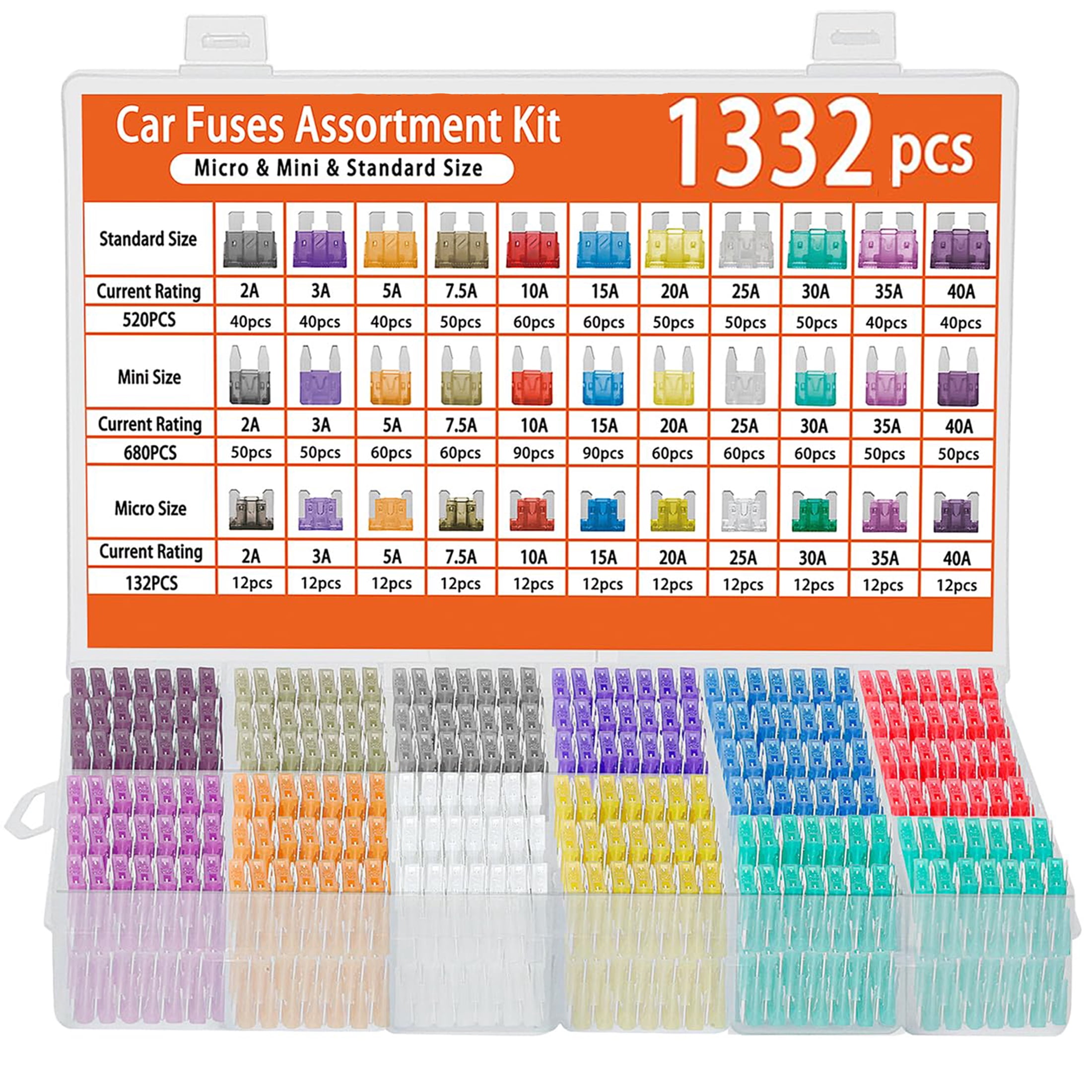 SLUMLOVE 1322 Pcs Car Fuse Assortment Kit, 680PCS Mini Blade Fuses + 520 Standard Automotive Fuses + 132 Micro + Puller, RV/Camper/Truck/Motorcycle/Yacht Essentials (2A 3A 5A 7.5A 10A 15A 20A 25A 30A
