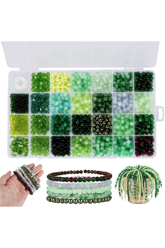 1200pcs Green Glass Bead for Bracelet 0.24 in Glass Beaded Plant Kit for DIY Craft Beaded Greenery Earring Necklace Jewelry Making