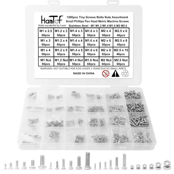 1200pcs Metric Tiny/Very Small/Micro Machine Screw Nuts Assortment Kit, 304 Stainless Steel, M1 M1.2 M1.4 M1.6 M2 M2.5 Phillips Pan Head Screws Nuts for Watch, Toy, Electronic Equipment Repair