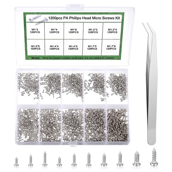 1200pcs Mini Screw kit M1/M1.2/M1.4/M1.7 Phillips Pan Head Small Machine Screws Micro Little Screw Tiny Small Self-Tapping Electronic Screws Kit for Electronics Equipment Sunglasses Watch Repair