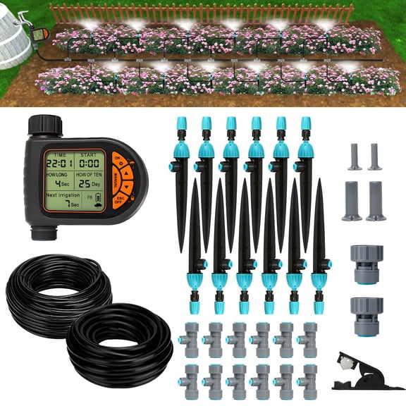 120FT Drip Irrigation System with Timer, Automatic Irrigation System for Garden, Quick Connect Drip Irrigation Kit for 120ft Coverage, Adjustable Watering System for Raised Beds & Patio