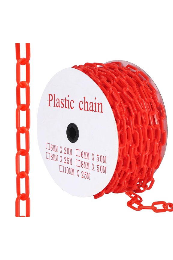 120FT Plastic Barrier Chain Red, 6MM Thick Safety Chain with 1.5-Inch Links, UV Resistant Plastic Chain with 25 Hooks for Crowd Control, Parking Lots, Driveways, Construction & Queue Lines