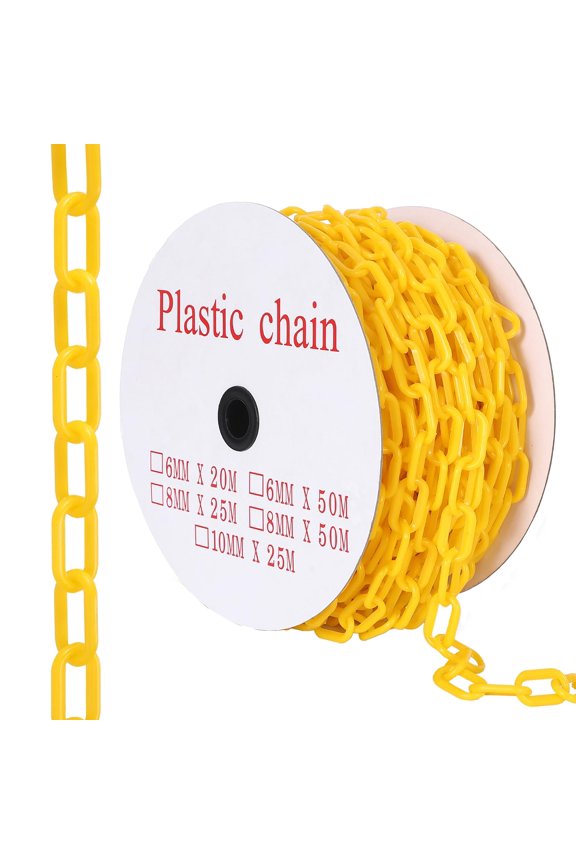 120FT Plastic Barrier Chain Yellow, 6MM Thick Safety Chain with 1.5-Inch Links, UV Resistant Plastic Chain with 25 Hooks for Crowd Control, Parking Lots, Driveways, Construction & Queue Lines
