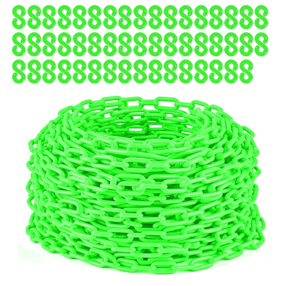 120FT Plastic Safety Chain – 6MM Thick, 1.5-Inch Links, UV Resistant, 25 S-Hooks – Heavy-Duty Barrier for Crowd Control, Parking Lots, Construction Sites, Driveways, Queue Lines, Fences – Green