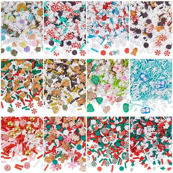 120G 12 Styles Christmas Sprinkles Polymer Clay Slices Bulk Green Red White Blue Xmas Snowflakes Pearl Candy Sugar Dessert Mini Slices DIY