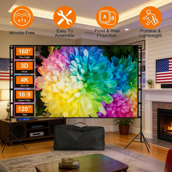 120In Portable Projector Screen with Stand Foldable Anti-Crease HD 4K Movie Screen for Outdoor and Indoor Use Perfect for Home Theater Movie Nights Parties Weddings and Business Presentations