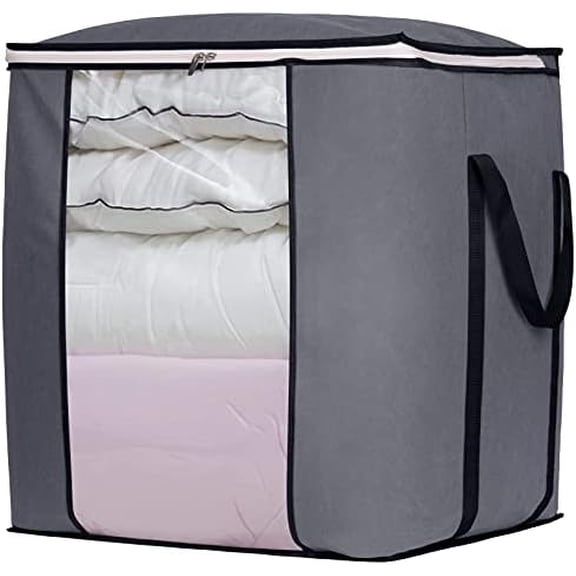 120L Extra Large Blanket Storage Bags Breathable Clothes Storage Containers for King Comforter Bedding Pillow Sheet, Reinforced Handles, Grey