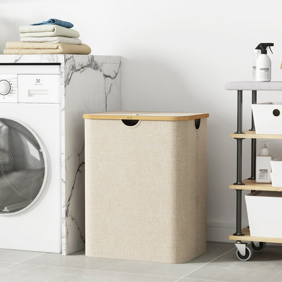 120L Laundry Basket with Lid, Clothes Hampers for Laundry with Bamboo Handles and A Removable Laundry Bag, Large Foldable Laundry Hamper for Bedroom, Bathroom, Dorm, Laundry Room, Light Gray