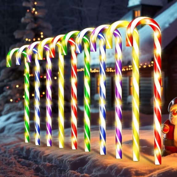 120LED 30inch 10PK Christmas Candy Cane Pathway Lights Outdoor Yard Decoration 8 Lighting Modes Flashing Outdoor Thicken Lighted Christmas Candy Decor for Garden