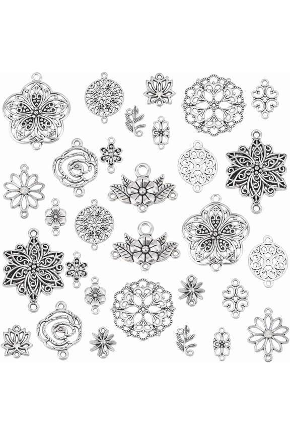 120PCS 15 Styles Flower Connector Charms Tibetan Vintage Style Flower Charms Alloy Filigree Pendants Double Hole Flower Jewelry Connectors for Earrings Bracelet Necklace Antique Silver