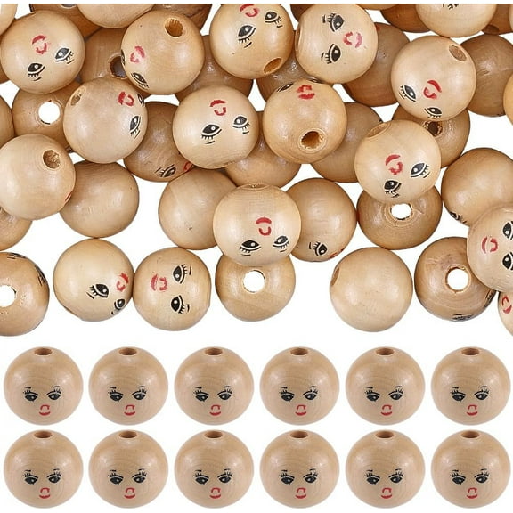 120PCS 18MM Smile Face Spacer Loose Wood Beads Large Natural Wooden Beads Round Bulk Smiling Face Head Beads 4MM Hole DIY Craft for Christmas Garland Jewelry Bracelets Necklace Making BurlyWood