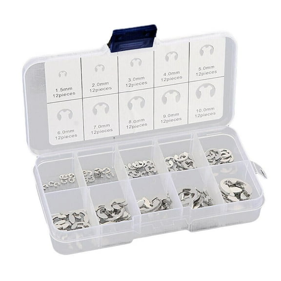 120PCS 304 Stainless Steel E-Type Open Circlips Set, Assorted Sizes M1.5 to M10, Metal Retaining Rings for Various Applications