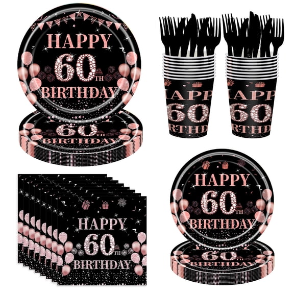 120PCS 60th Birthday Party Tableware Set, Black and Rose Gold Birthday Decorations Supplies with Plates, Cups, Napkins, Forks and Knives for 60th Birthday Celebration
