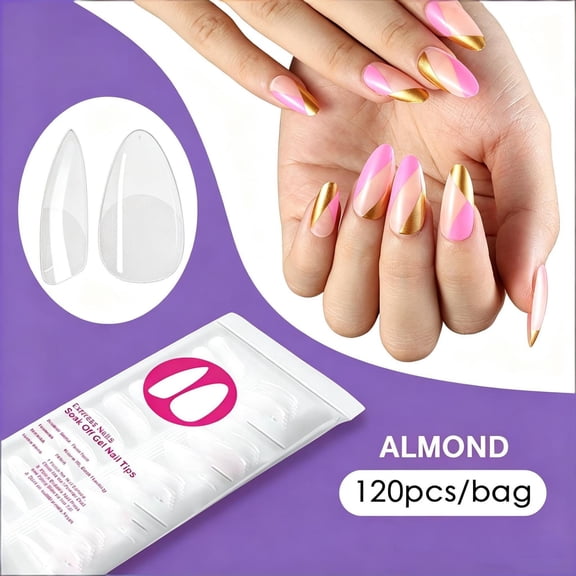 120PCS Almond Gel Nail Tips, Traceless Scratch-Free Full Cover Press On False Nails, Soak Off Nail Extensions for DIY Home Manicure & Salon Nail Art