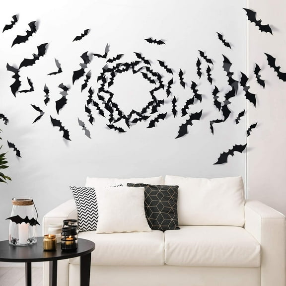 120PCS Bats Wall Decor,3D Bat Halloween Decoration Stickers for Home Decor 4 Size Waterproof Black Spooky Bats for Room Decor