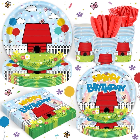 120PCS Birthday Party Tableware Set, Dog House Theme Disposable Party Supplies with Plates, Cups, Napkins, Forks and Knives for Birthday Celebration Decoration