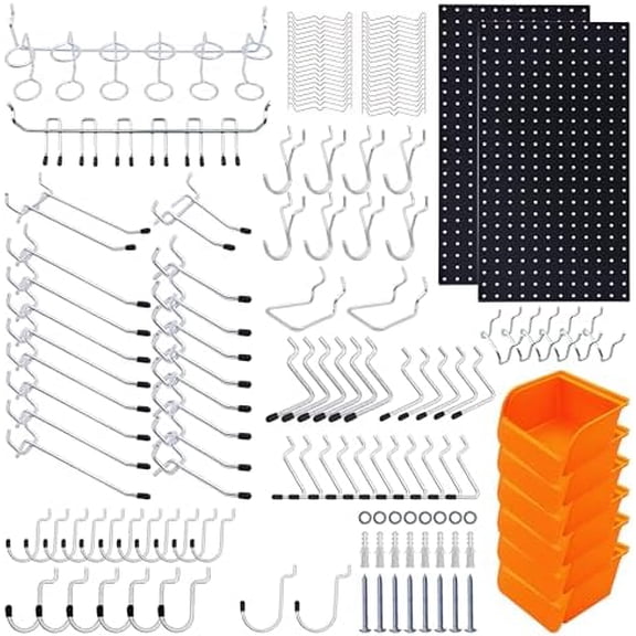 120PCS Black Metal Pegboard Wall Organizer Kit - 12x24 Inch Utility Pegboard Panels with Hooks & Bins, Heavy Duty Storage System for Garage, Workbench, Shed, Workshop (2 Panels Included)$$Furniture