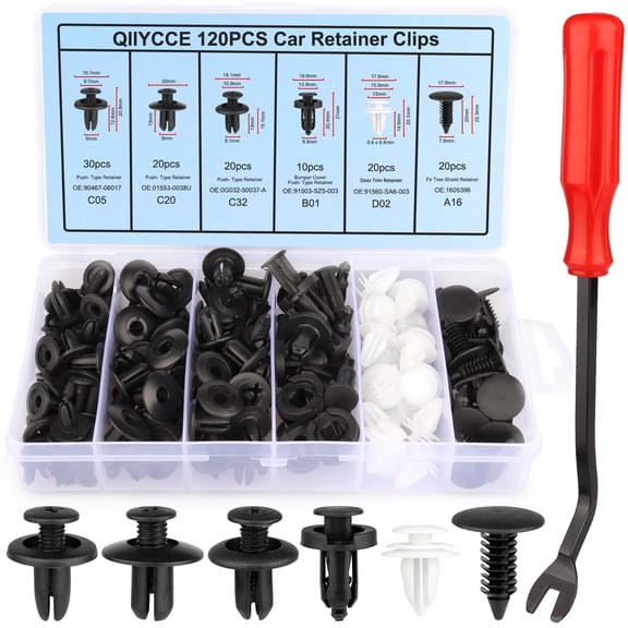 120PCS Car Clips & Plastic Rivets - 6 Popular Sizes, Fits Bumpers, Fenders & Most Car Models