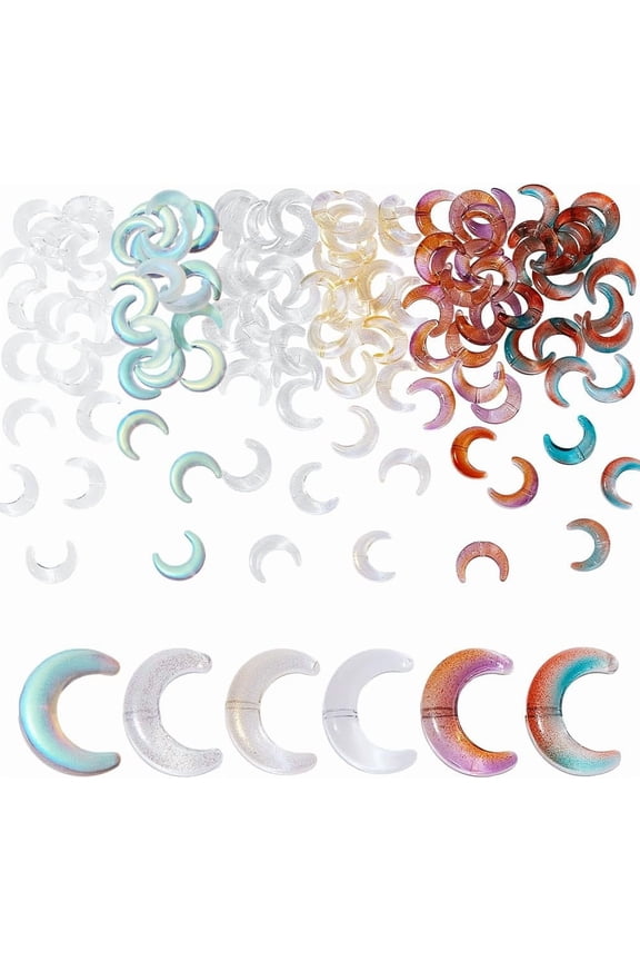 120PCS Colorful Glass Moon Beads Drilled Tiny Crescent Moon Charms with Gold Foil Transparent Moon Charm