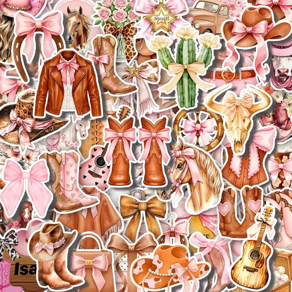 120PCS Coquette Bow Cowgirl Stickers Coquette Pink Bow Hat Boot Decal Western Cowgirl Birthday Party Supplies Decorations Pink Knowbot Boots Rodeo Bachelorette Vinyl Decal for Water Bottle Laptop