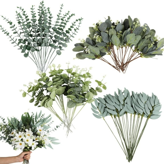 120PCS Eucalyptus Leaves Stems, 4 Kinds Mixed Artificial Greenery Stems, Fake Plants, Faux Greenery Branches, Eucalyptus Leaves Picks for DIY Bouquets, Floral Arrangement, Centerpiece