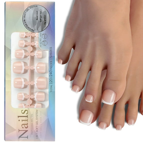 120PCS French Gel Toenail Tips French Tips Press on Nails 12 Sizes Fake Nails False Toe Nail Wearable Tips for Nail Art DIY