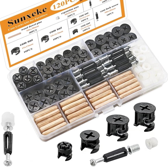 120PCS Furniture Cam Lock Hardware Kit, Alloy Steel Nickel Plated Cam Nuts Screws Lotus Wood Dowel Pins Plastic Expansion Nuts, Replacement Assembly Fasteners for Cabinets Drawers Desks DIY Furniture
