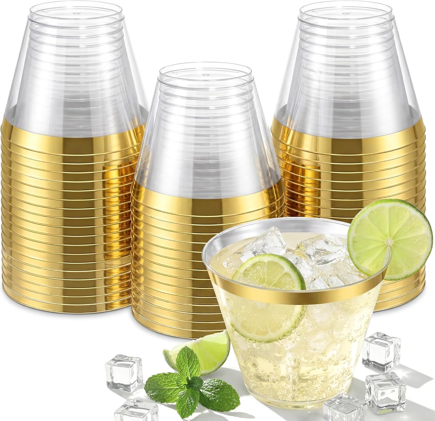120PCS Gold - 9Oz Gold Rimmed - Heavy Duty Disposable Clear Cup with ...