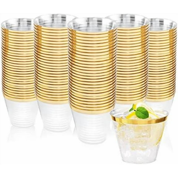 120PCS Gold Plastic Cups - 9Oz Gold Rimmed Plastic Cups - Heavy Duty Disposable Clear Cup with Gold Rim Perfect for Weddings, Receptions & Parties