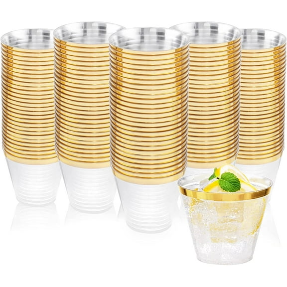 120PCS Gold Plastic Cups - 9Oz Gold Rimmed Plastic Cups - Heavy Duty Disposable Clear Cup with Gold Rim Perfect for Weddings, Receptions & Parties