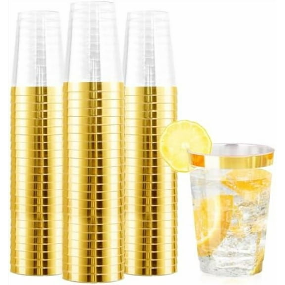 120PCS Gold Rim Plastic Cups - 12oz Heavy Duty Plastic Cups - Fancy Clear Disposable Cup with Gold Rimmed for Wedding, Birthday, Party