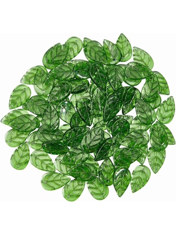 120PCS Green Leaf Glass Beads Translucent Bead Bulk Glass Spacer Beads Green Leaves Bead Charms