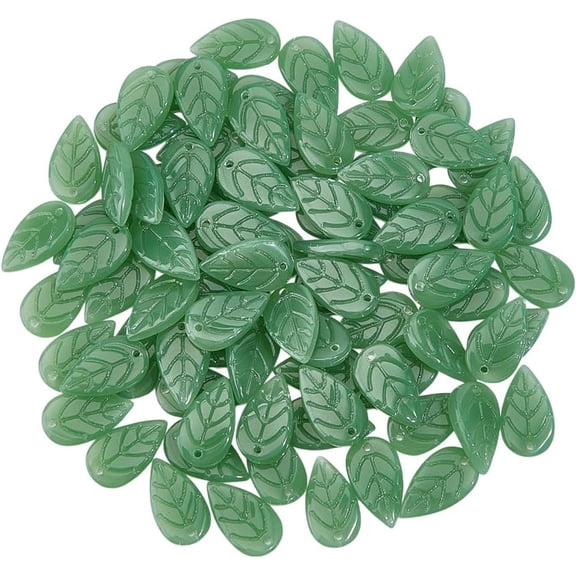 120PCS Green Leaf Glass Beads Translucent Bead Bulk Glass Spacer Beads Jade Green Leaves Bead Charms for Jewelry Making Bracelets Necklace DIY Crafts Accessories