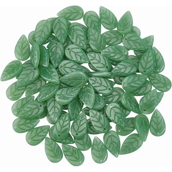 120PCS Green Leaf Glass Beads Translucent Bead Bulk Glass Spacer Beads Jade Green Leaves Bead Charms for DIY handcrafting