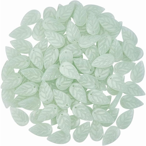 120PCS Green Leaf Glass Beads Translucent Bead Bulk Glass Spacer Beads Light Jade Green Leaves Bead Charms for DIY handcrafting